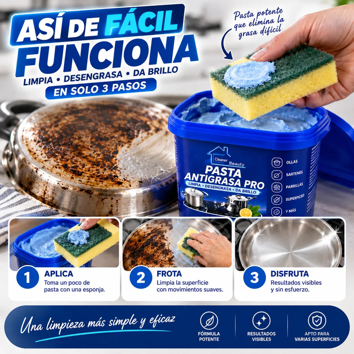🔵 Pasta Antigrasa Pro™  Remueve la grasa difícil y devuelve el brillo a tus ollas.